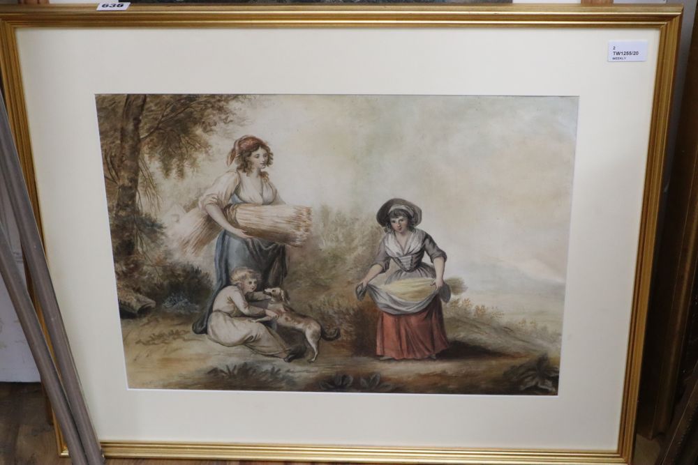 Circle of Francis Wheatley (1747-1801), rural scene with women harvesting, watercolour and a mezzotint after George Morland